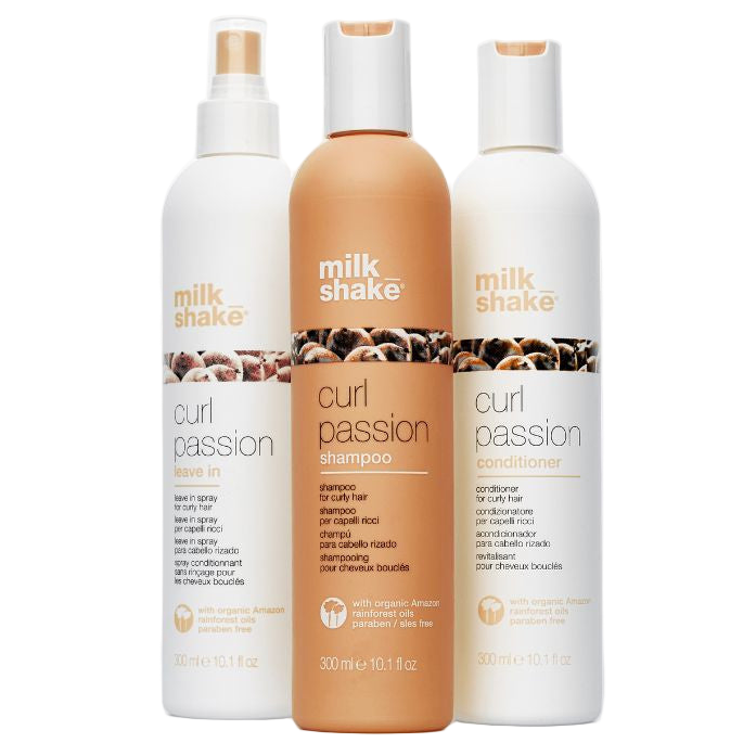 Three bottles of Milk Shake Curl Passion hair care products on a white background