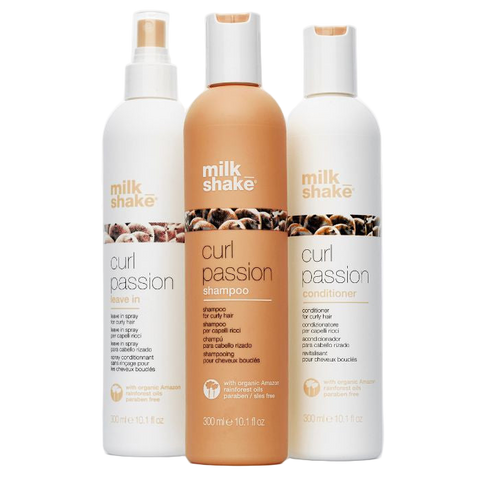 Three bottles of Milk Shake Curl Passion hair care products on a white background