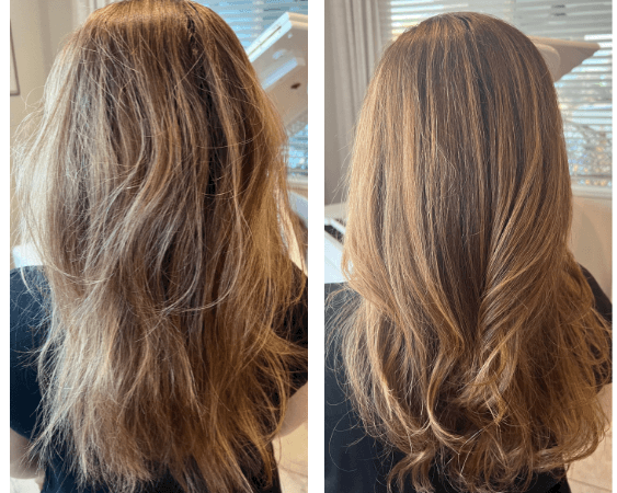 Before and after — coloured hair maintained with Colour Care wash