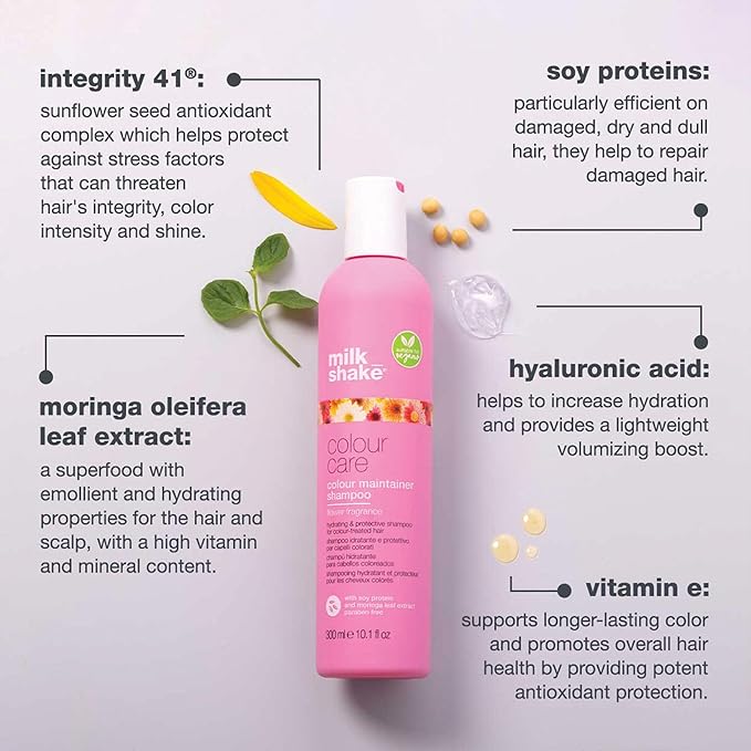 milk_shake Colour Care Flower Shampoo — key actives: Integrity 41, soy proteins, moringa, hyaluronic acid, vitamin E