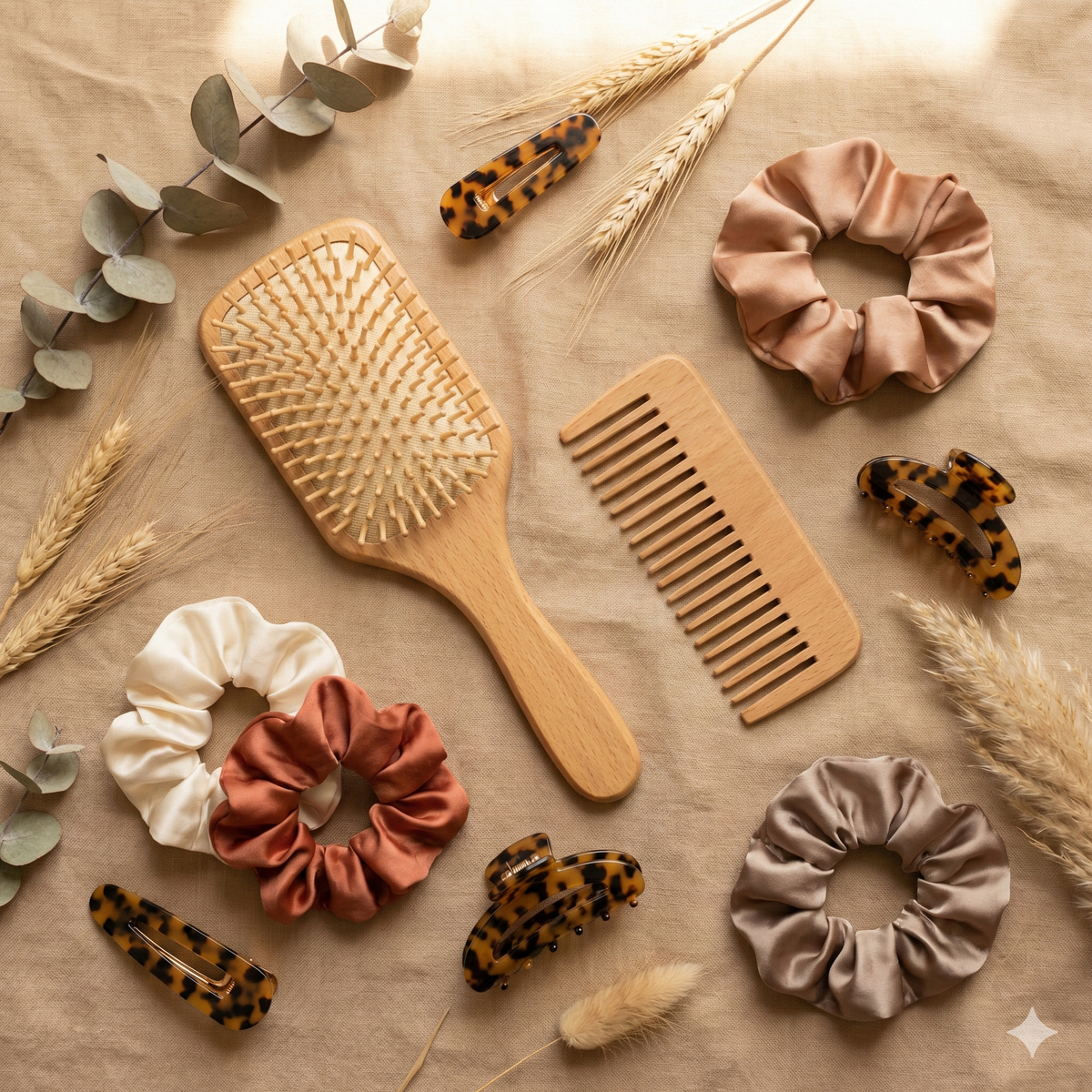 Wooden brushes, comb, tortoiseshell clips and silk scrunchies on a linen flat-lay