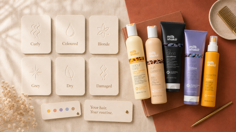 Hair concern cards (curly, coloured, blonde, grey, dry, damaged) with Milk_shake products on a flatlay backdrop