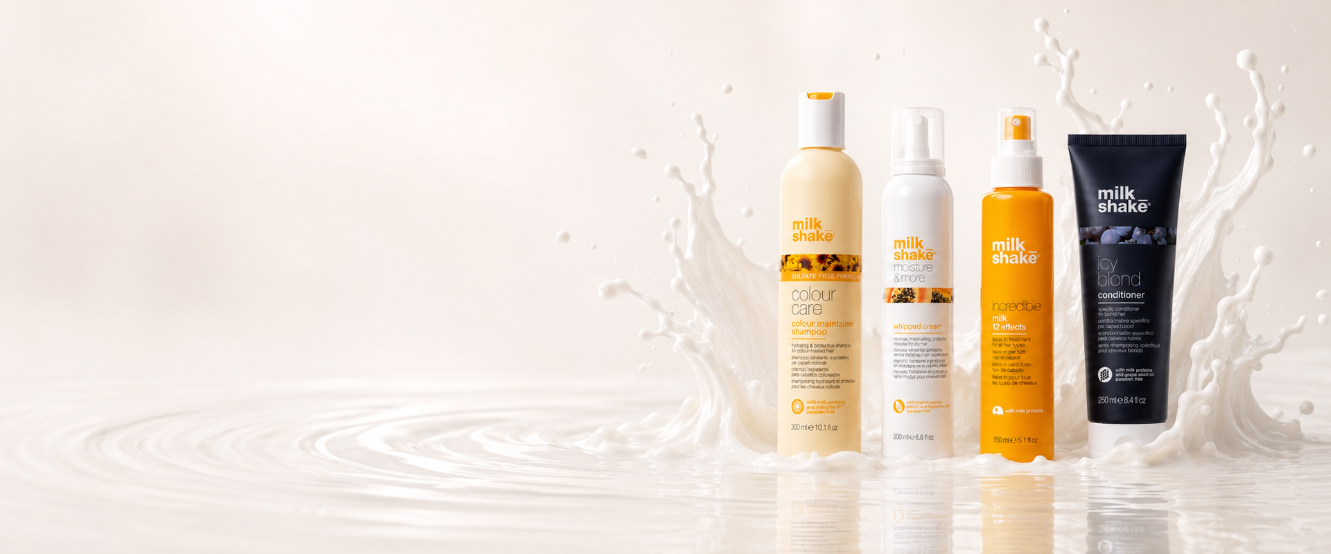 Milk_shake hair products on cream backdrop with milk splash