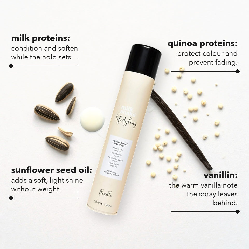 Milk_Shake Medium Hold Hairspray with milk proteins, quinoa proteins, sunflower seed oil and vanillin