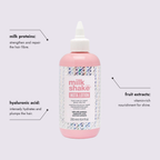 Milk_shake Insta.Lotion bottle with its three key ingredients labelled: milk proteins strengthen and repair the hair fibre, hyaluronic acid intensely hydrates and plumps the hair, and fruit extracts give vitamin-rich nourishment for shine.